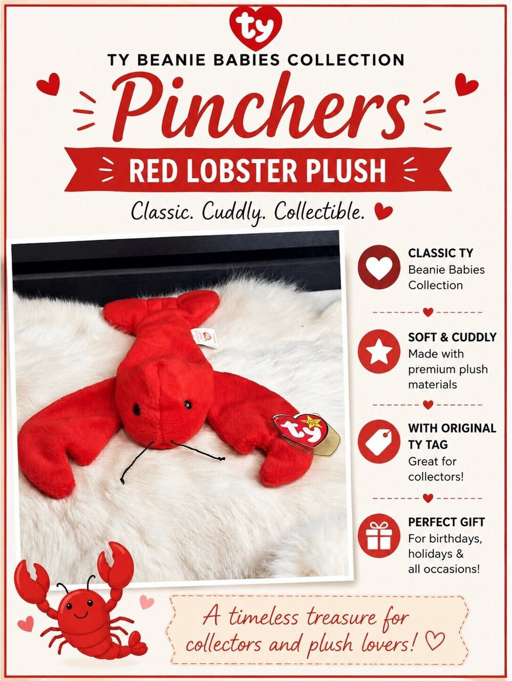 Ty Beanie Babies Collection Pinchers Red Lobster Plush with Tag